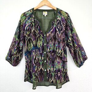 Fig & Flower Womens Sz M Green Purple Art Print Boho Blouse Hi Low Casual Top